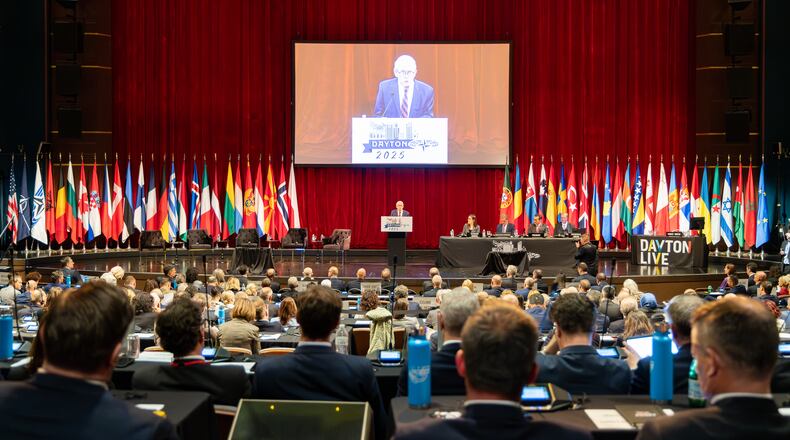Gov. Mike DeWine speaks peaks during the opening ceremony of the NATO Parliamentary Assembly on Friday at Schuster Center. BRYANT BILLING / STAFF