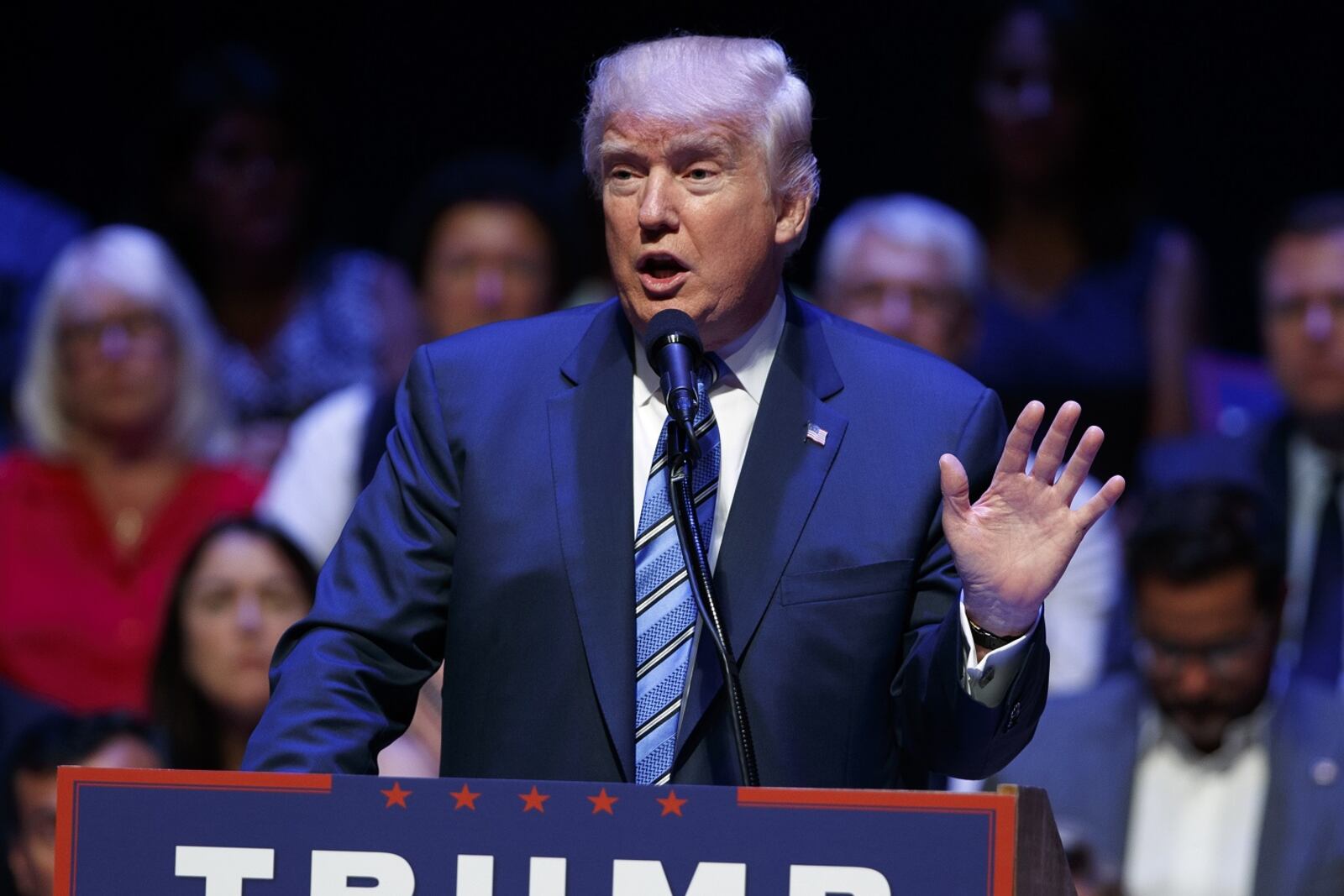 Republican presidential candidate Donald Trump speaks during a campaign rally at Merrill Auditorium, Thursday, Aug. 4, 2016, in Portland, Main (AP Photo/Evan Vucci)