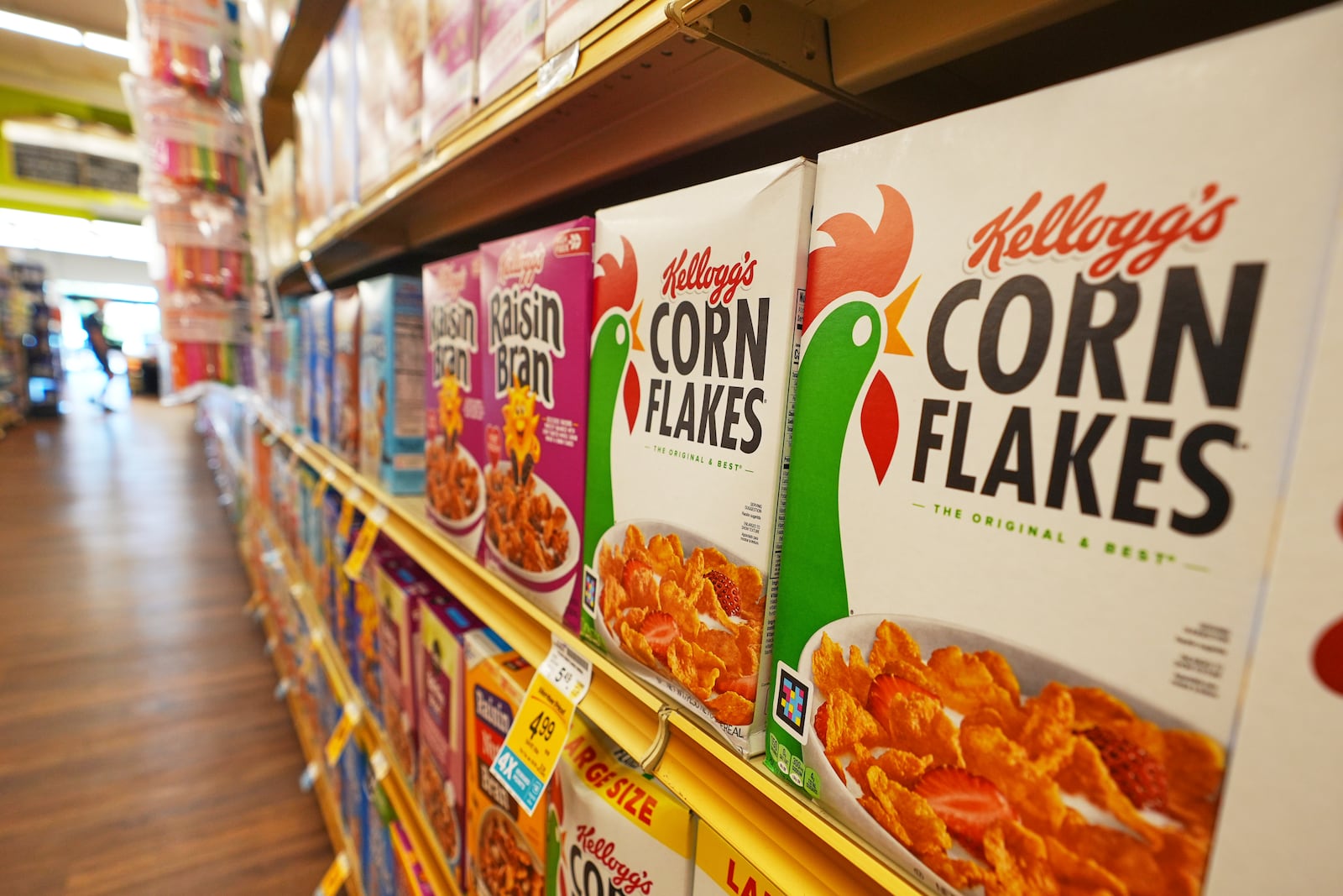 Kellogg's cereal products are shown at a grocery store in Richardson, Texas, Friday, July 11, 2025. (AP Photo/LM Otero)