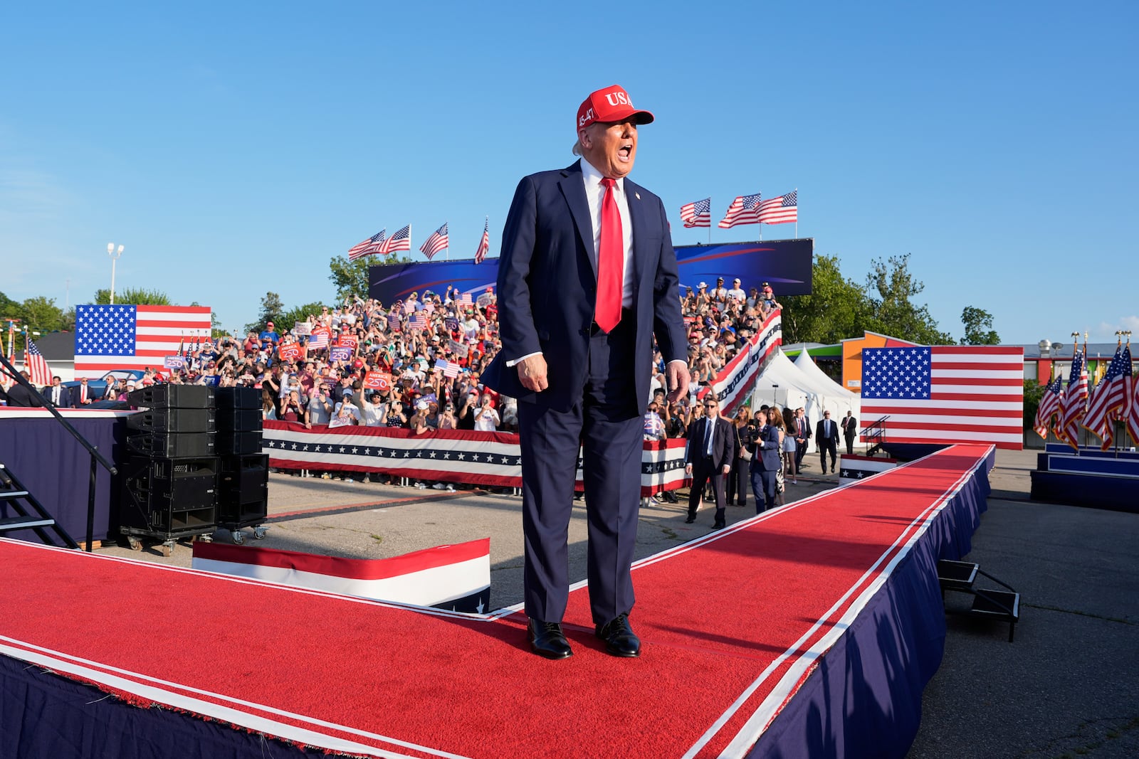 President Donald Trump arrives to speak at a rally at the Iowa State Fairgrounds, Thursday, July 3, 2025, in Des Moines, Iowa. (AP Photo/Alex Brandon)