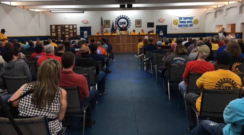 Nearly all seats in the United Auto Workers 696 union hall were filled for a UAW rally in April. THOMAS GNAU/STAFF