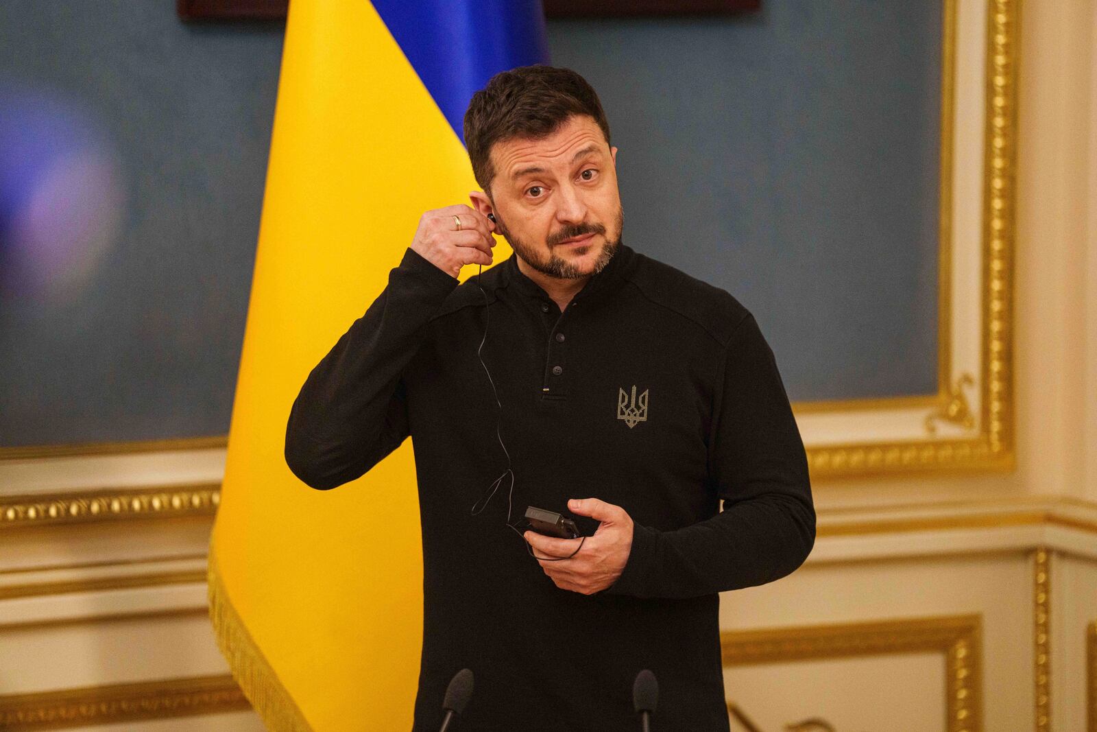 Ukrainian President Volodymyr Zelenskyy speaks during a press conference in Kyiv, Ukraine, Friday, April 4, 2025. (AP Photo/Evgeniy Maloletka)