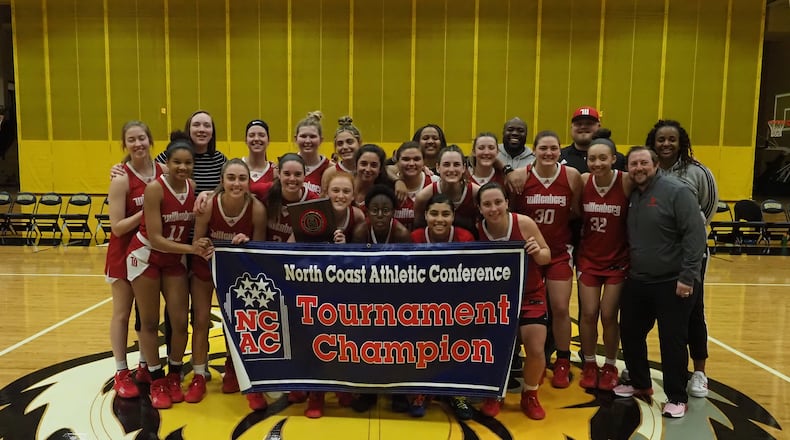 Wittenberg celebrates after winning the NCAC women's basketball championship on Saturday, Feb. 26, 2022, in Greencastle, Ind. Photo courtesy of Wittenberg