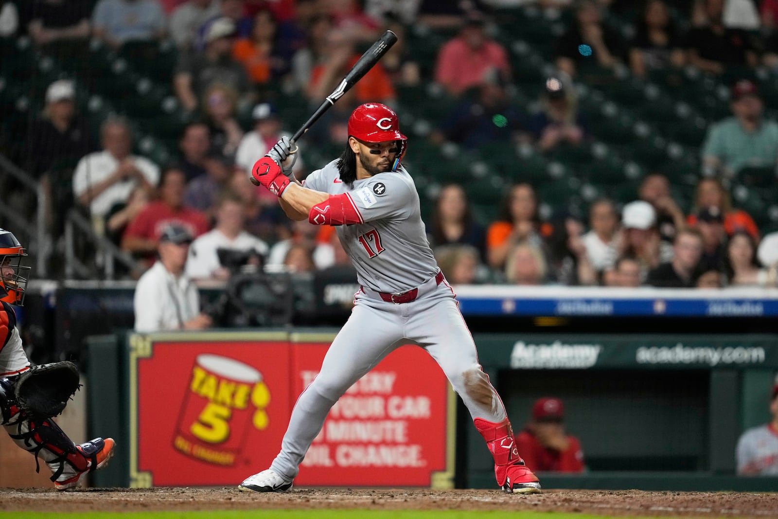 Cincinnati Reds' Connor Joe waits for a pitch during the ninth inning of a baseball game against the Houston Astros in Houston, Saturday, May 10, 2025. (AP Photo/Ashley Landis)