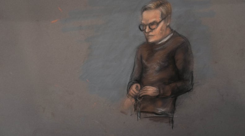 A court sketch of Marius Borg Hoiby during the first day of the trial against him, which is taking place in room 250 of the Oslo District Court, Norway, Tuesday Feb. 3, 2026. (Ole Berg-Rusten/NTB Scanpix/Pool via AP)