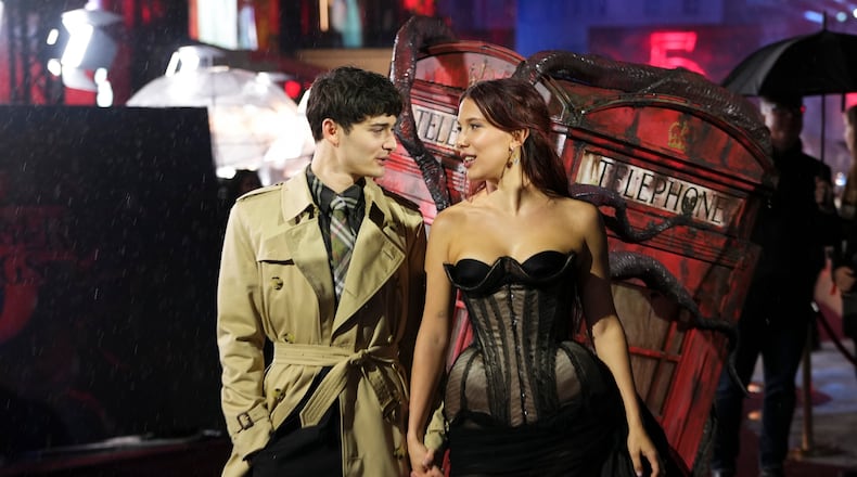 Noah Schnapp and Millie Bobby Brown pose for photographers upon arrival at the Stranger Things Season 5 Premiere in London, Thursday, Nov. 13, 2025. (Photo by Scott A Garfitt/Invision/AP)