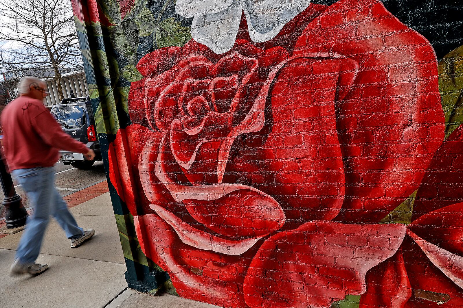 A man walks past the Rose City mural as he travels down the sidewalk along Main Street in Springfield Tuesday, March 7, 2023. BILL LACKEY/STAFF