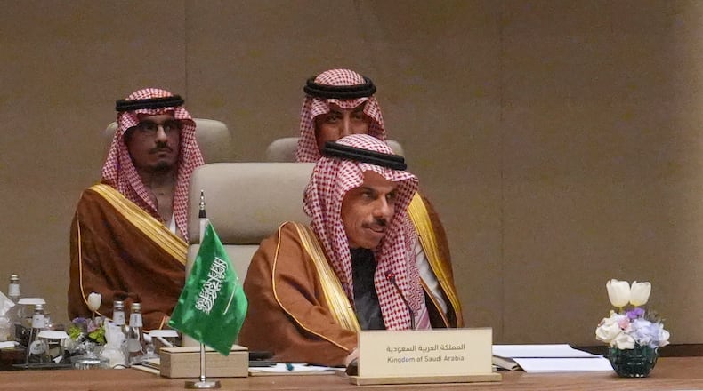 Saudi Arabia's Foreign Minister Prince Faisal bin Farhan Al-Saud chairs a consultative meeting of foreign ministers from a group of Arab and Islamic countries in the Saudi capital, Riyadh, Thursday, March 19, 2026. (AP Photo/Baraa Anwer)