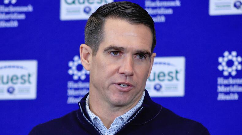 Joe Schoen, senior vice president and general manager of the New York Giants, speaks during an NFL football press conference, Tuesday, Dec. 2, 2025, in East Rutherford, N.J. (AP Photo/Kena Betancur)