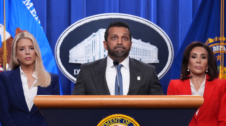 FBI Director Kash Patel, flanked by Attorney General Pam Bondi, left, and Jeanine Pirro, U.S. Attorney for the District of Columbia, appears before reporters at the Justice Department, Friday, Feb. 6, 2026, in Washington, to announce the capture of a key participant in the 2012 attack on a U.S. compound that killed four Americans in Benghazi, Libya. (AP Photo/J. Scott Applewhite)