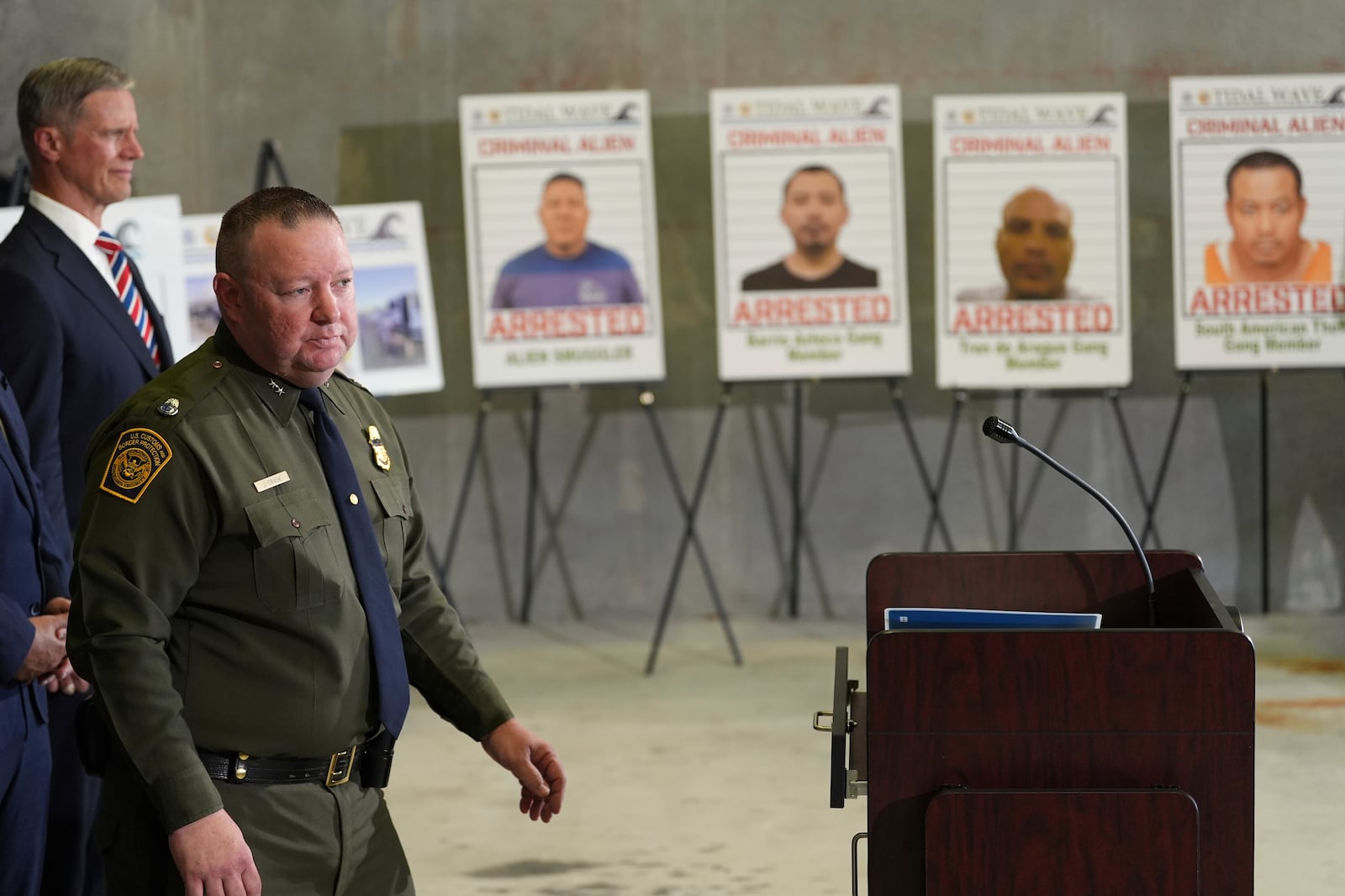Jeffrey Dinise, chief patrol agent for the U.S. Border Patrol-Miami Sector, participates in a press conference with Gov. Ron DeSantis at the South Florida office of U.S. Immigration and Customs Enforcement and Enforcement and Removal Operations, Thursday, May 1, 2025, in Miramar, Fla. (AP Photo/Rebecca Blackwell)