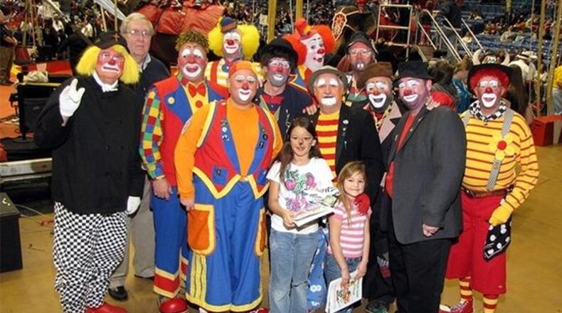 Clowns pose for a photo at a previous Antioch Shrine Circus at the University of Dayton Arena. CONTRIBUTED