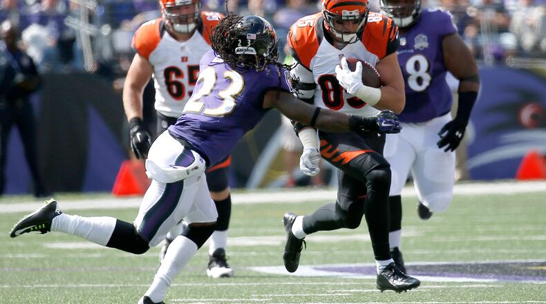 BALTIMORE, MD - SEPTEMBER 27: Tight end Tyler Eifert #85 of the Cincinnati Bengals carries the ball while free safety Kendrick Lewis #23 of the Baltimore Ravens defends in the second quarter of a game at M&T Bank Stadium on September 27, 2015 in Baltimore, Maryland. (Photo by Rob Carr/Getty Images)