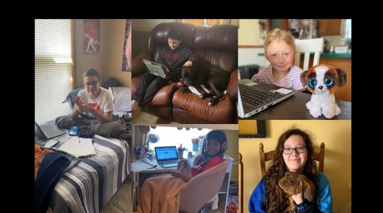 Conner, 8th grader at Southeastern (left) and Ava, 6th grader at Miami View (bottom left) participate in Southeastern’s “Dress to Unimpress-Pajama Day” on Monday; Triad students participate in Tuesday’s “Bring-A-Buddy to Class Day” (top left, top right, bottom right). CONTRIBUTED