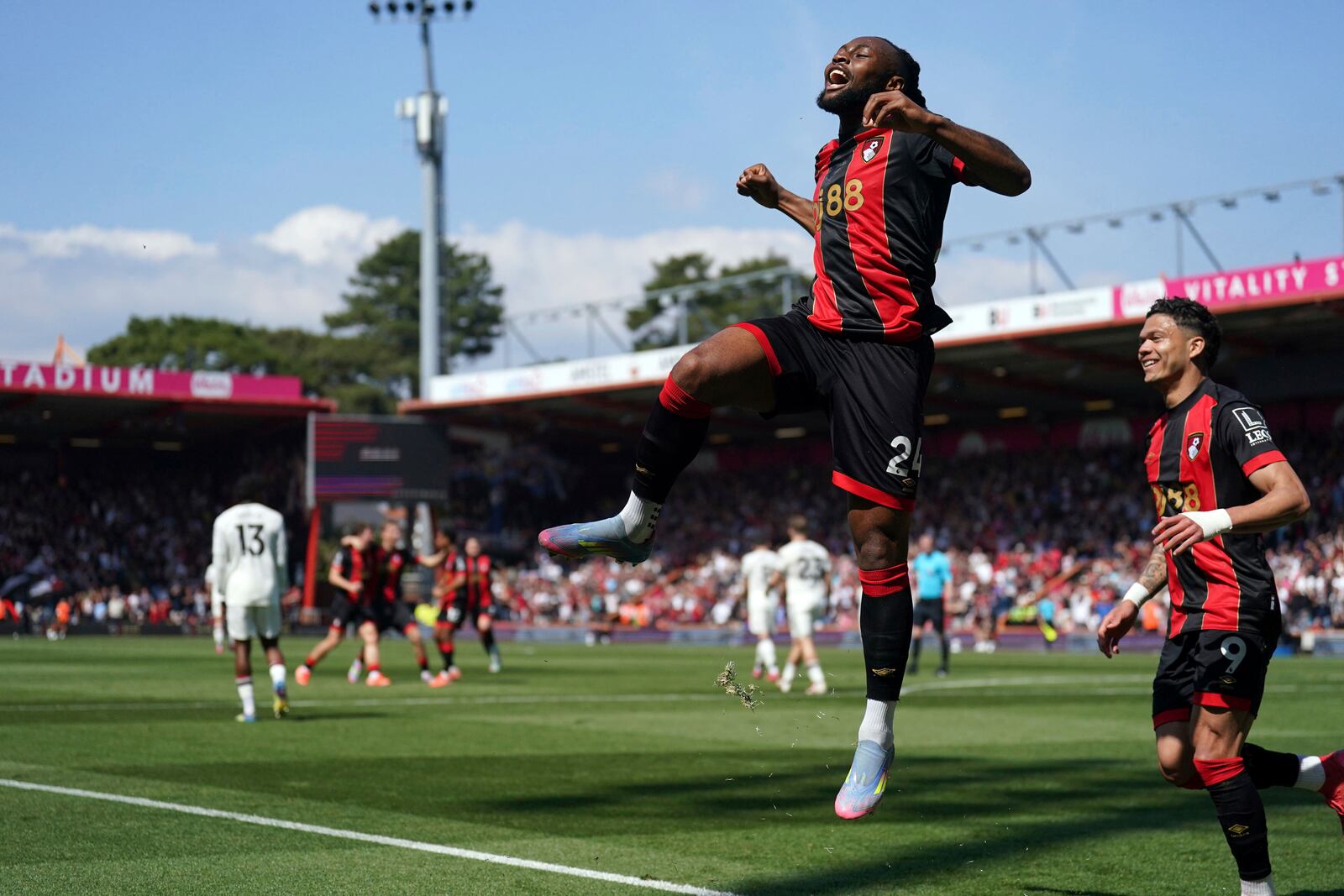 Bournemouth's Antoine Semenyo, centre, celebrates after scoring the opening goal during the English Premier League match at Vitality Stadium, Bournemouth, England, Sunday, April 27, 2025. (Adam Davy/PA via AP)