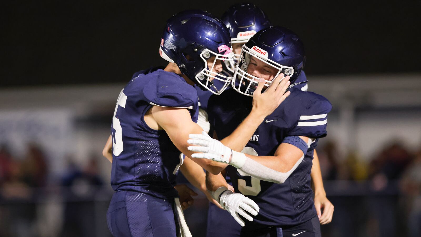 Valley View senior receiver Anthony Valenti (right) celebrates with Logan Scott after scoring on a 40-yard TD run early in the fourth quarter against Oakwood in a Southwestern Buckeye League game on Friday, Sept. 20 at Niswonger Field in Germantown. BRYANT BILLING / STAFF