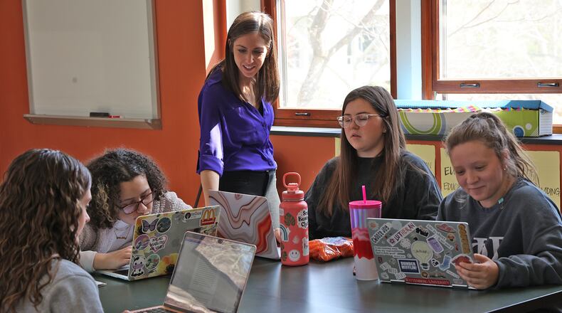 Dr. Hillary Libnoch teaches an education class at Wittenberg University Thursday, April 14, 2022. BILL LACKEY/STAFF