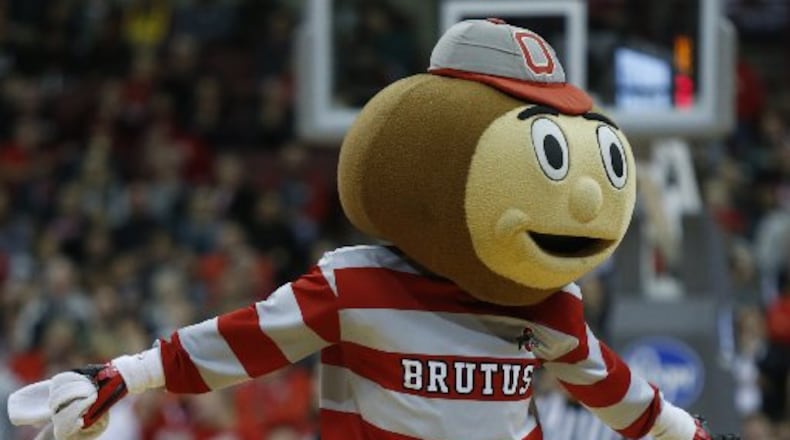 Ohio State mascot Brutus Buckeye performed in front of 19,000 fans Sunday as OSU upset Michigan State. AP PHOTO
