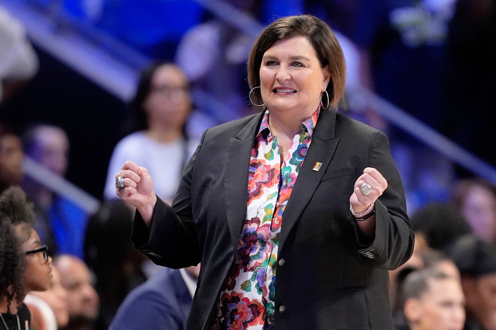 FILE - Dallas Wings head coach Latricia Trammell reacts to play against the Los Angeles Sparks during a WNBA basketball game in Arlington, Texas, Saturday, July 13, 2024. (AP Photo/Tony Gutierrez, File)