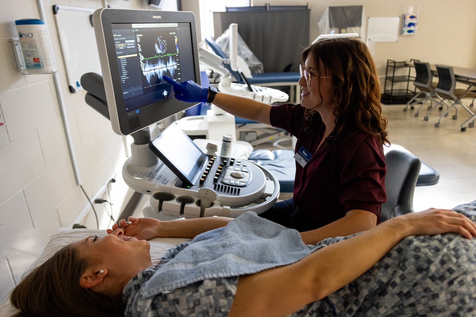 Megan Platfoot, assistant professor at Clark State College, demonstrates echocardiography technology that students will train on in the college’s new echocardiography certificate program. Contributed