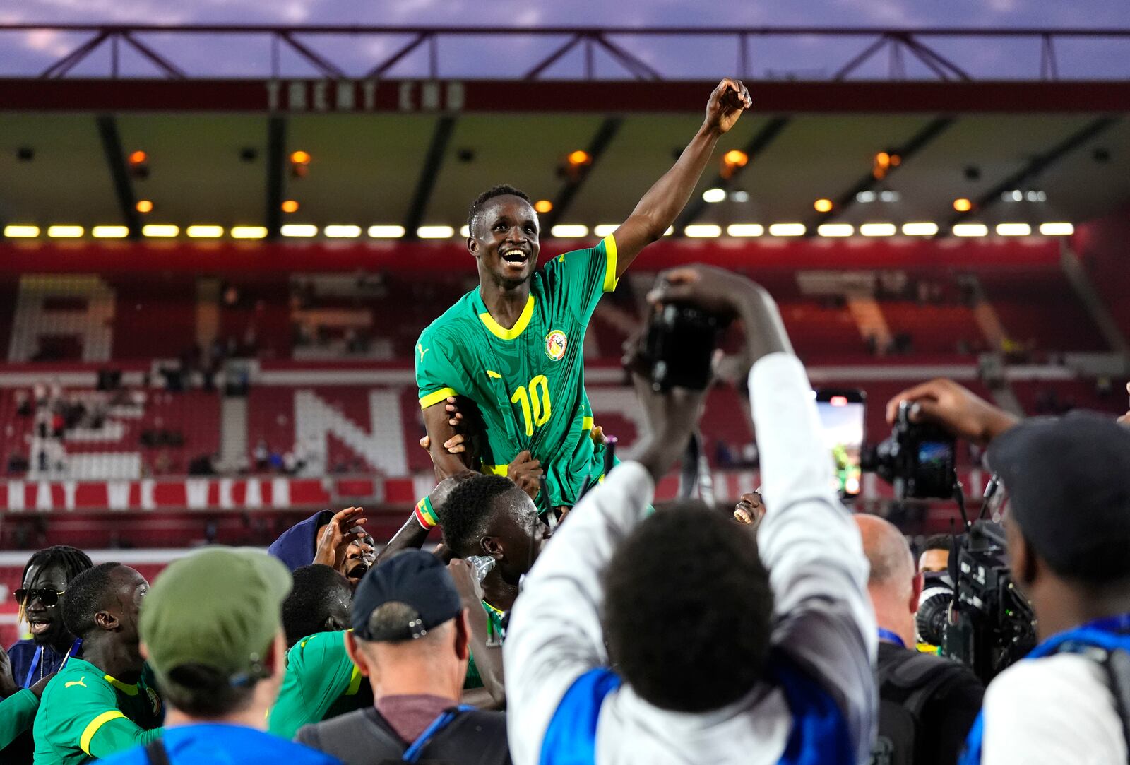 Senegal's Cheikh Sabaly celebrates following an international friendly match against England at The City Ground in Nottingham, England, Tuesday, June 10, 2025. (Nick Potts/PA via AP)