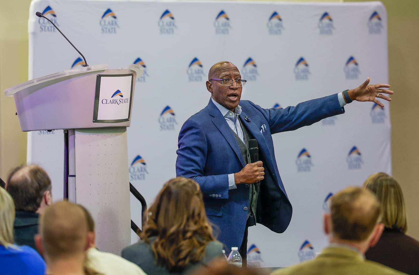 Michael Carter, senior advisor to the president at Sinclair Community College, gives the keynote speech at Clark State College's annual MLK luncheon and awards ceremony at the Hollenbeck Bayley Center on Friday, Jan. 16, 2026, in Springfield. JOSEPH COOKE/STAFF