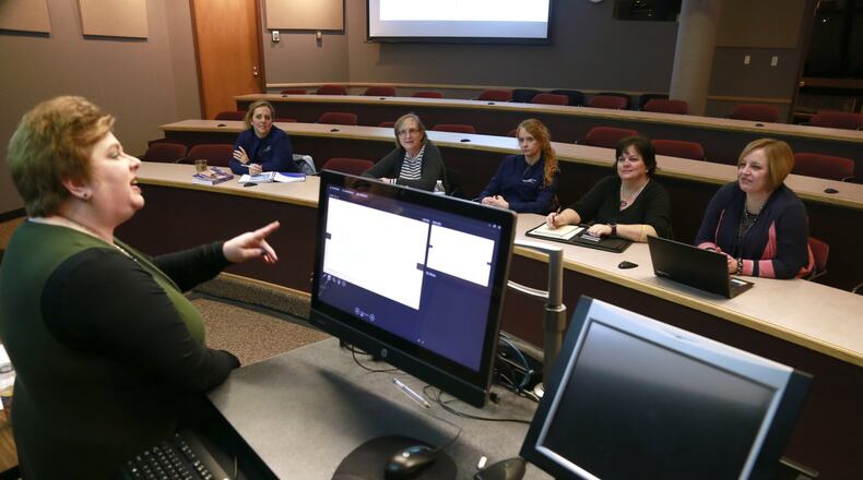 Dr. Cherie Rebar teaches a nursing class at Wittenberg University Tuesday, Feb. 7, 2017. Bill Lackey/Staff