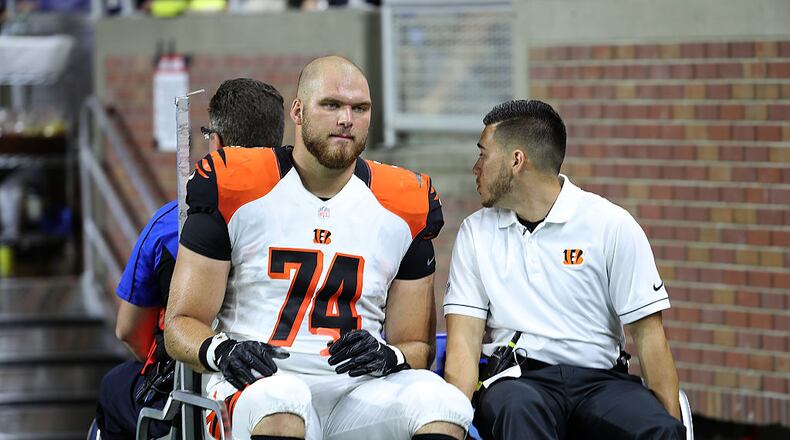 DETROIT, MI - AUGUST 18: Jake Fisher #74 of the Cincinnati Bengals leaves the field during the second quarter of the preseason game against the Detroit Lions at Ford Field on August 18, 2016 in Detroit, Michigan. (Photo by Leon Halip/Getty Images)