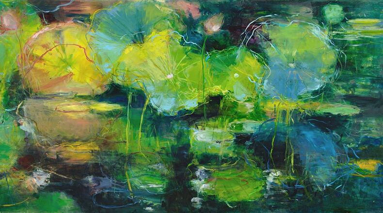 “Night Lotus,” oil on panel, 36 inches by 80 inches, from 2017 is part of the Jennifer Rosengarten: Gardens & Ponds exhibit at the Springfield Museum of Art. The show includes immersive oil paintings, drawings and monotypes of outdoor scenery. CONTRIBUTED