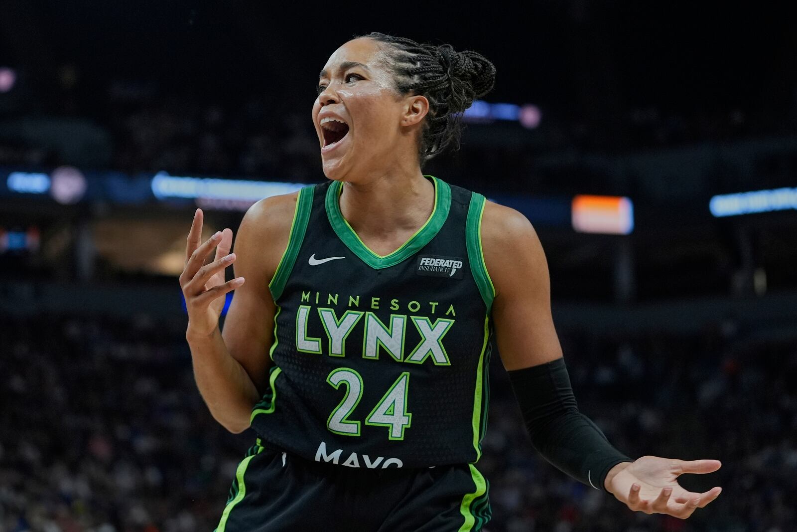 Minnesota Lynx forward Napheesa Collier (24) reacts after not receiving a foul call during the first half of the WNBA Commissioner's Cup championship basketball game against the Indiana Fever, Tuesday, July 1, 2025, in Minneapolis. (AP Photo/Abbie Parr)