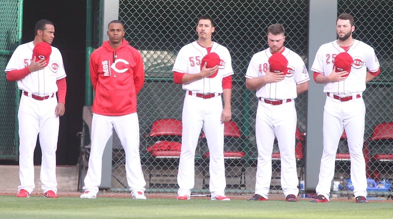 Reds relievers (left to right) Wandy Peralta, Raisel Iglesias, Robert Stephenson, Barrett Astin and Cody Reed stand for the national anthem before a game against the Brewers on Thursday, April 13, 2017, at Great American Ball Park in Cincinnati. David Jablonski/Staff