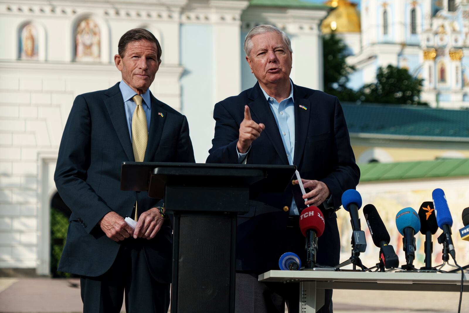 FILE - Sen. Richard Blumenthal, D-Conn., left, and Sen. Lindsey Graham, R-S.C., right, speak during a press conference in Kyiv, Ukraine, on May 30, 2025. (AP Photo/Vasilisa Stepanenko, File)