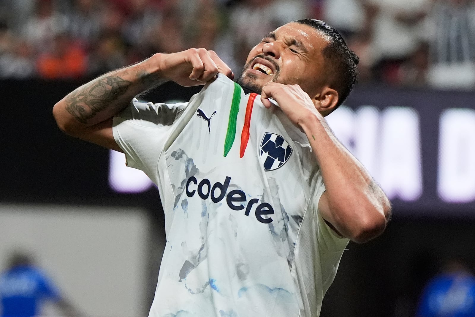 Monterrey's Jesus Corona reacts during the Club World Cup round of 16 soccer match between Borussia Dortmund and CF Monterrey in Atlanta, Tuesday, July 1, 2025. (AP Photo/Mike Stewart)