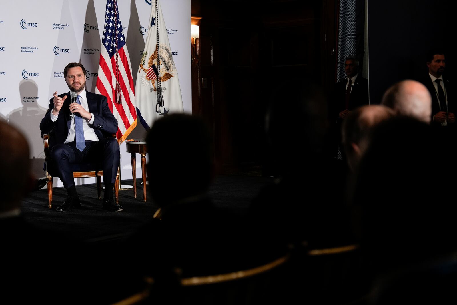 Vice President JD Vance speaking at the Munich Leaders Meeting, Wednesday, May 7, 2025, in Washington. (AP Photo/Julia Demaree Nikhinson)