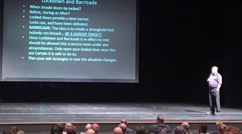 Maj. Chris Clark of the Clark County Sheriff’s Office speaks to Clark County community members, “Run. Hide. Fight.”