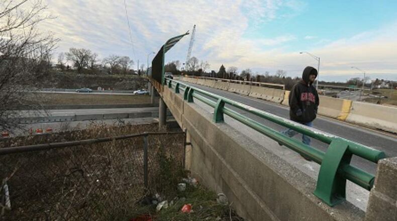 The Indiana Avenue overpass at Interstate 75. Toledo police said they filed murder charges against four teenagers Pedro Salinas, 13; Sean Carter, 14; Demetrius Wimberly, 14, and William Parker, 15 - accused of killing Marquise Byrd, 22, of Warren, Mich., with a sandbag dropped onto I-75. He suffered blunt-force trauma to the head and neck, according to the Lucas County Coroner’s Office. JEREMY WADSWORTH/THE BLADE