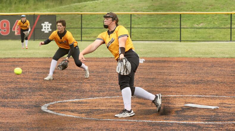 Centerville's Caitlyn Belcher pitches against Mason in a Division I regional semifinal on Wednesday, May 28, 2025, at Indian Hill High School. David Jablonski/Staff