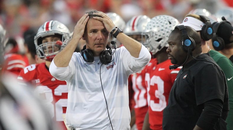 Ohio State’s Urban Meyer reacts to a play during a game against Indiana on Saturday, Oct. 6, 2018, at Ohio Stadium in Columbus. David Jablonski/Staff