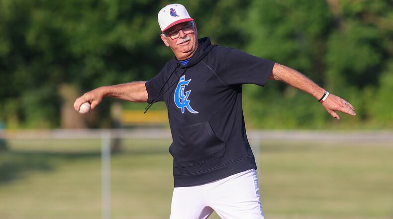 Champion City Kings assistant coach Mark Lucas throws out the first pitch before the Kings first-ever playoff game against the Chillicothe Paints at Carleton Davidson Stadium. MIchael Cooper/CONTRIBUTED