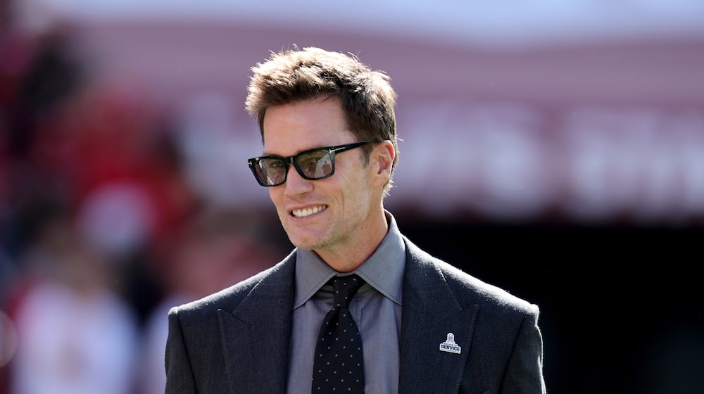 FILE - Tom Brady walks on the field during an NFL football game between the Los Angeles Rams and the San Francisco 49ers, Nov. 9, 2025, in Santa Clara, Calif. (AP Photo/Scot Tucker, file)