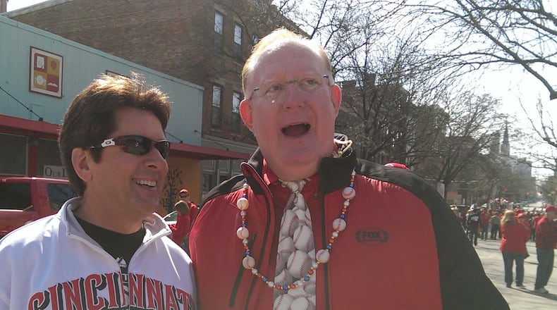 Chris O'Brien, left, and Pat Barry united at the Reds opening day festivities of 2014. Contributed photo