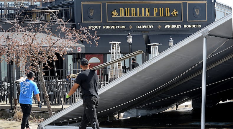 The big tent started going up Tuesday, March 12, 2024 at the Dublin Pub for the St. Patrick's Day celebration this weekend. MARSHALL GORBY\STAFF