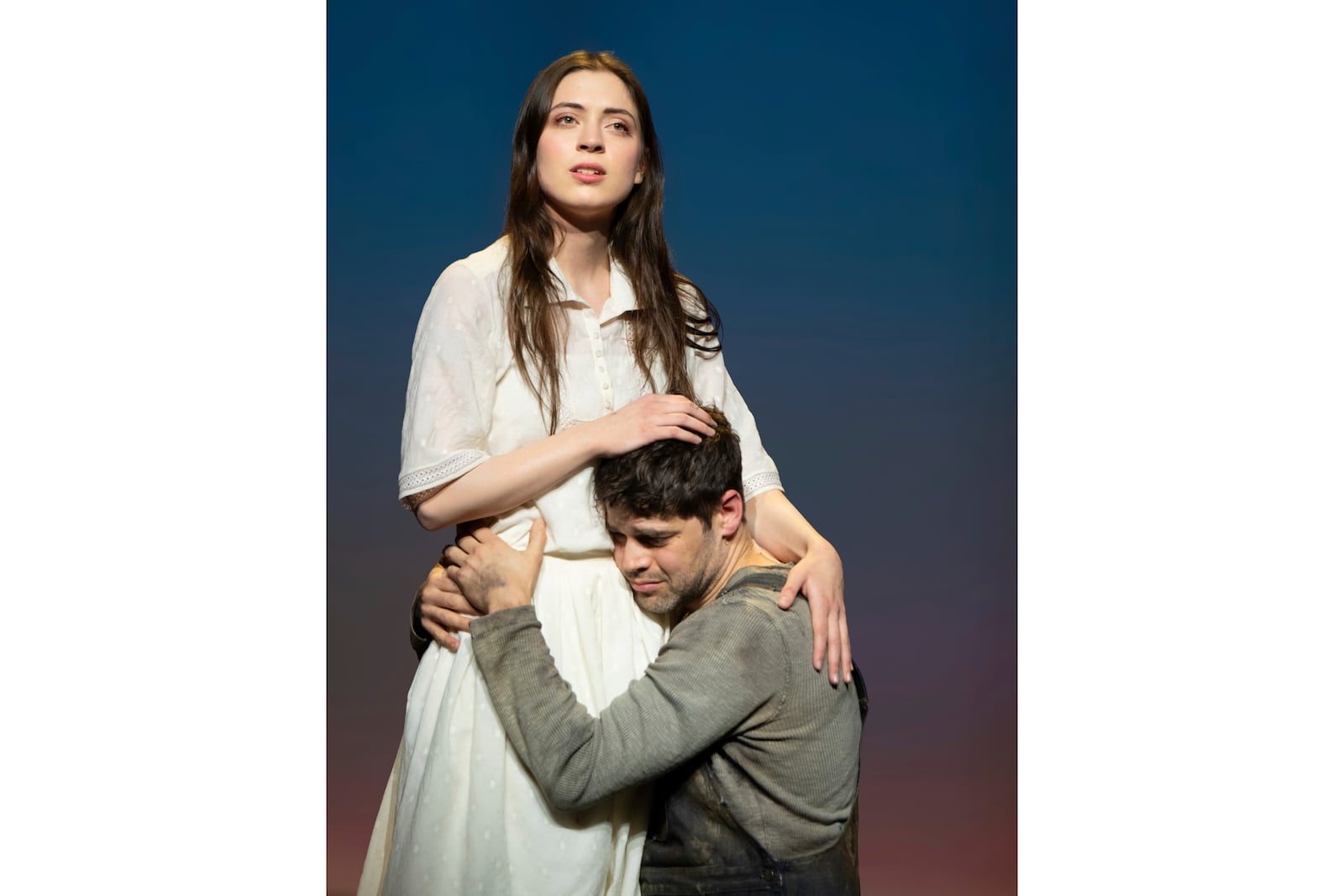 Lizzy McAlpine, left, and Jeremy Jordan appear during a performance of Adam Guettel's Broadway musical, “Floyd Collins” in New York. (Joan Marcus via AP)