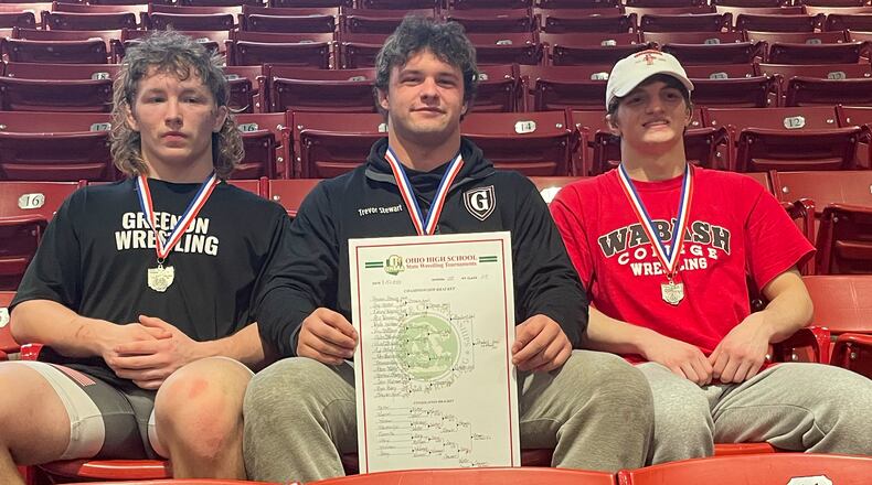 Greenon High School seniors Ashton Simison, Trevor Stewart and Arlie Benson, Jr. pose for a photo after qualifying for the Division III state meet last weekend at Hobart Arena in Troy. CONTRIBUTED PHOTO