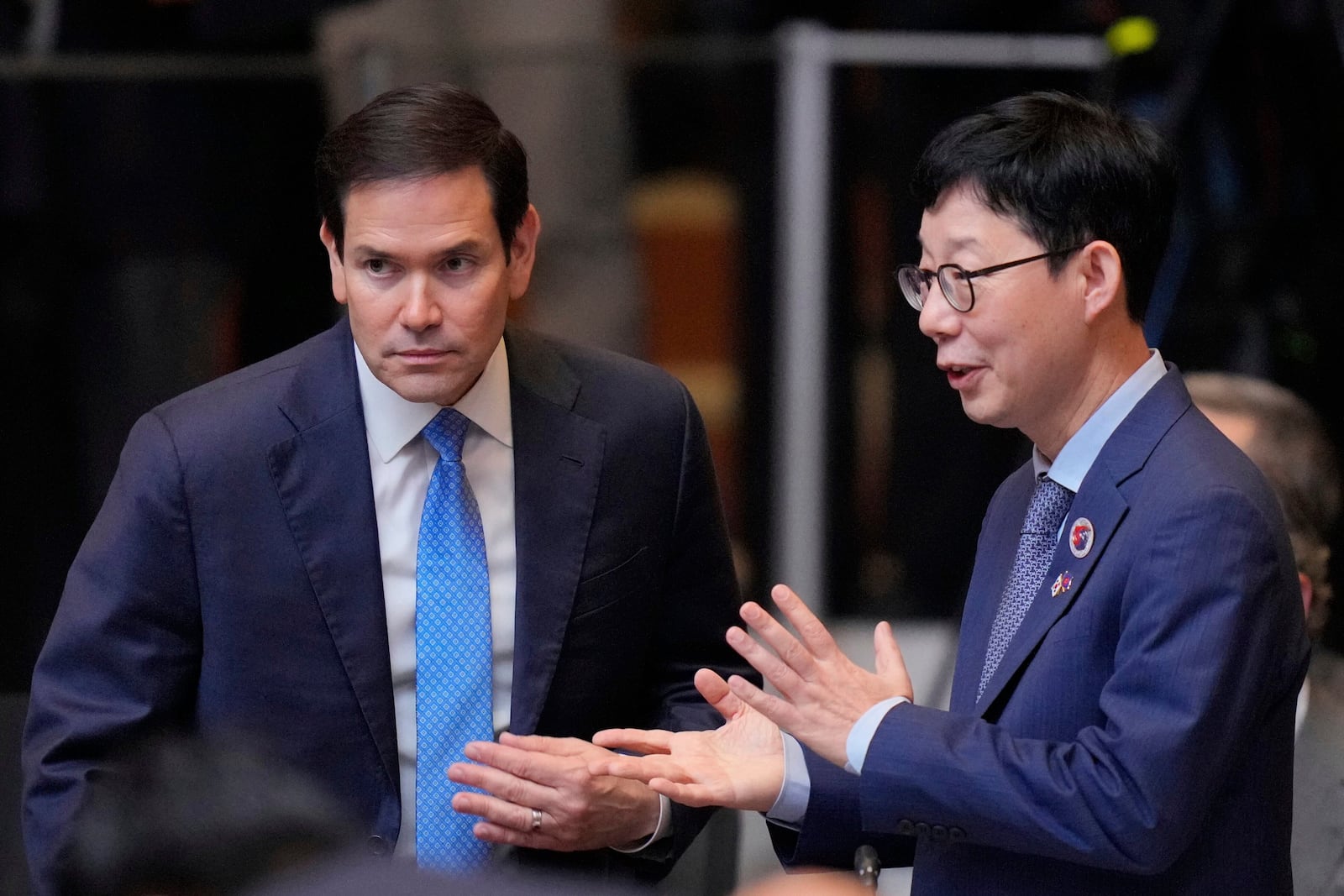 U.S. Secretary of State Marco Rubio, left, talks with South Korea's Vice Foreign Minister Park Yoon-joo during the East Asia Summit Foreign Ministers' at the Association of Southeast Asian Nations (ASEAN) Foreign Ministers' meeting and related meetings at the Kuala Lumpur Convention Centre in Kuala Lumpur, Friday, July 11, 2025. (AP Photo/Vincent Thian)
