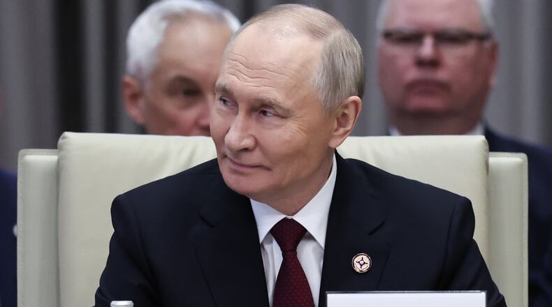 Russian President Vladimir Putin attends the summit of the Collective Security Treaty Organisation (CSTO) at the Administrative complex Yntymak-Manas Ordo, in Bishkek, Kyrgyzstan, Thursday, Nov. 27, 2025. (Alexander Kazakov, Sputnik, Kremlin Pool Photo via AP)