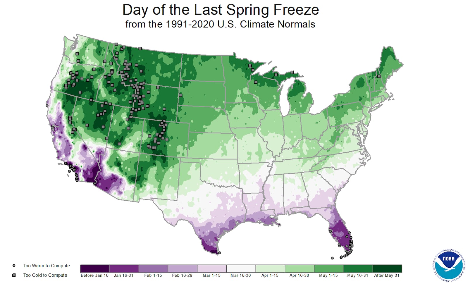 Ohio's last spring freeze typically is during mid to late April, according to the National Centers for Environmental Information. Map courtesy National Centers for Environmental Information