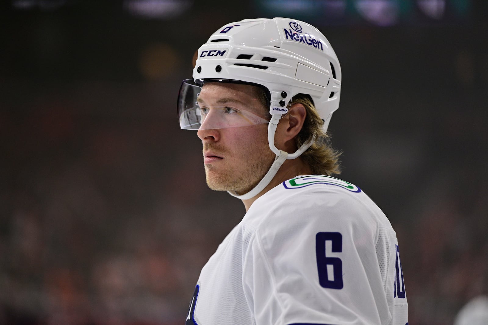 FILE - Vancouver Canucks' Brock Boeser in action during an NHL hockey game against the Philadelphia Flyers, Oct. 19, 2024, in Philadelphia. (AP Photo/Derik Hamilton, file)