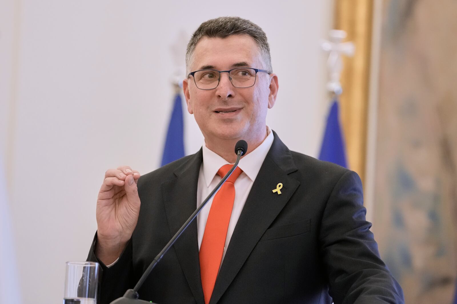 Israel's Foreign Minister Gideon Sa'ar, answers a question during a news conference and after a trilateral meeting with Greece and Cyprus on energy cooperation in Athens, Thursday, March 13, 2025. (AP Photo/Petros Giannakouris)