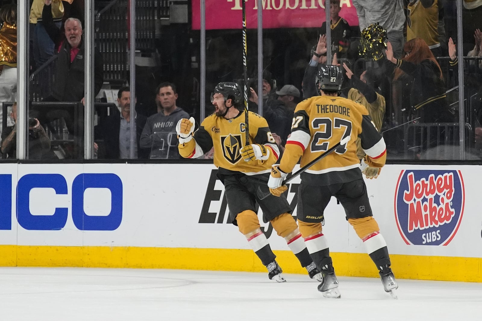 Vegas Golden Knights right wing Mark Stone (61) celebrates after scoring a second goal against the Edmonton Oilers during the first period of Game 1 of a second-round NHL hockey playoff series Tuesday, May 6, 2025, in Las Vegas. (AP Photo/John Locher)